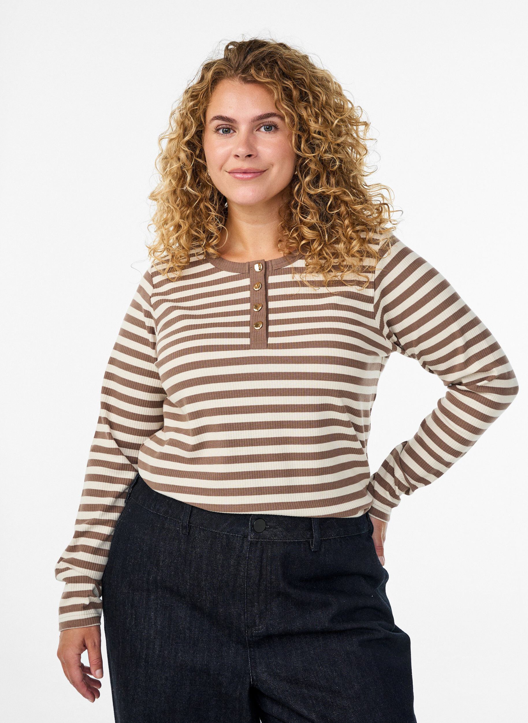 Zizzifashion Striped jersey blouse with a ribbed texture, Vanilla, Model image number 0