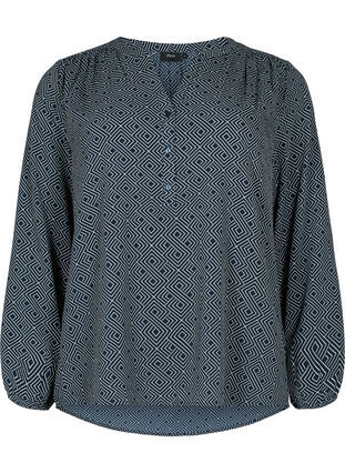 Long-sleeved blouse with print and v-neck, Blue Graphic, Packshot image number 0