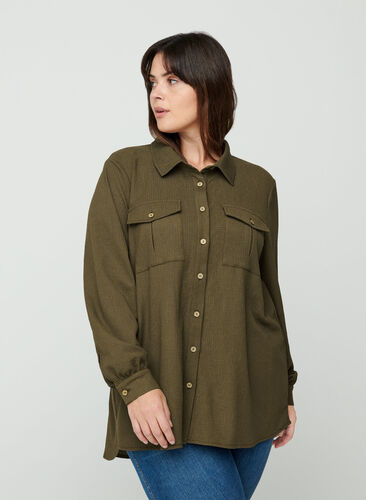 Textured shirt with chest pockets, Dark Green ASS, Model image number 0