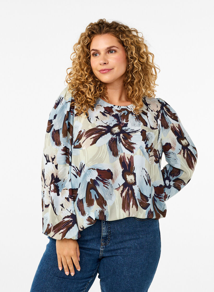Long-sleeved blouse with print and button, Grey Flower AOP, Model image number 0