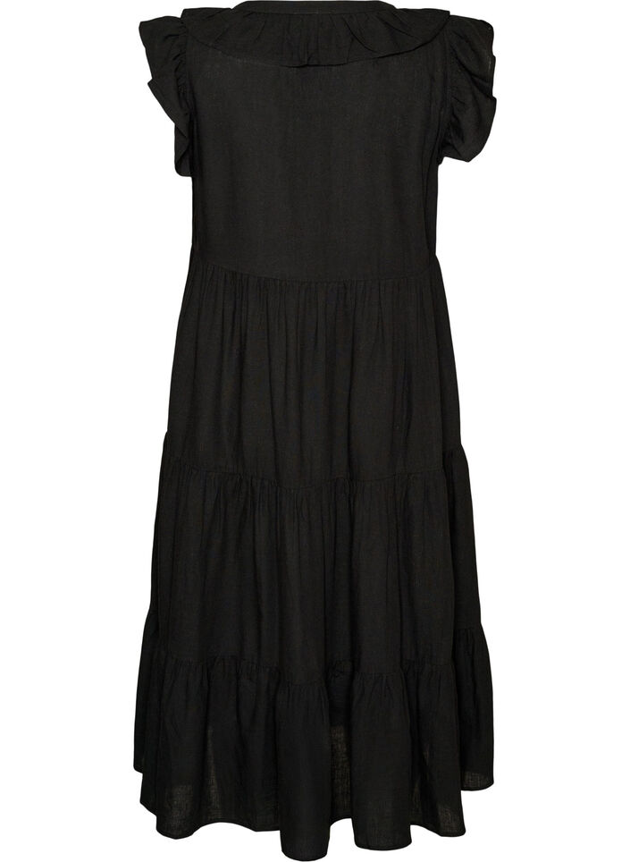 Sleeveless midi dress in linen and viscose with ruffles, Black, Packshot image number 1