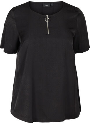 Short-sleeved blouse with a zip detail, Black, Packshot image number 0