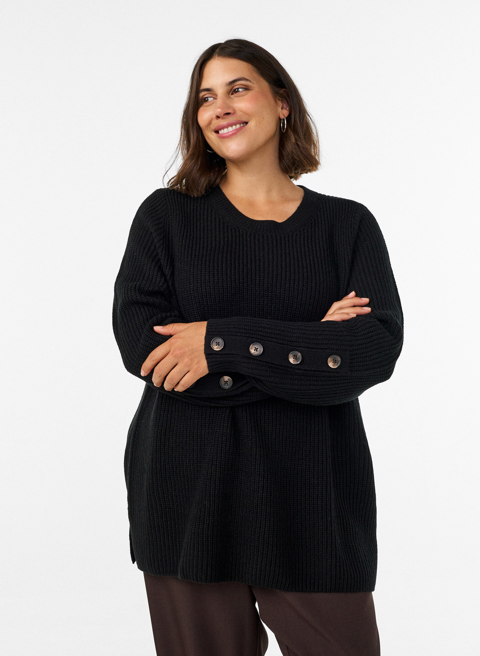 ZizzifashionKnitted blouse with ribbed texture and button details, Black, Model image number 0