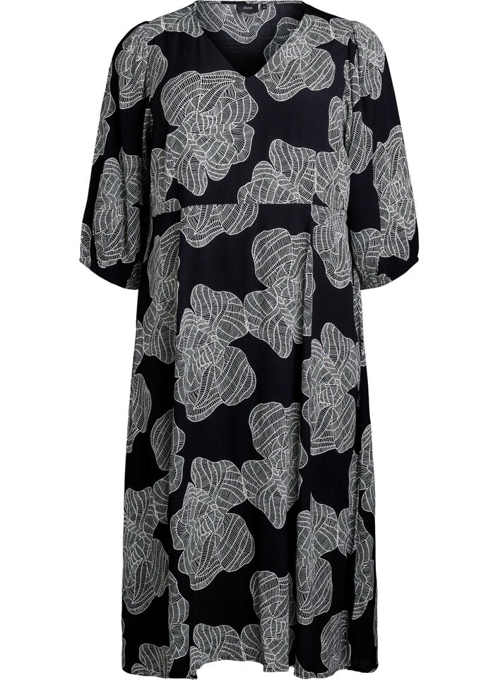 Midi dress with floral print and 3/4 sleeves, Black, Packshot image number 0