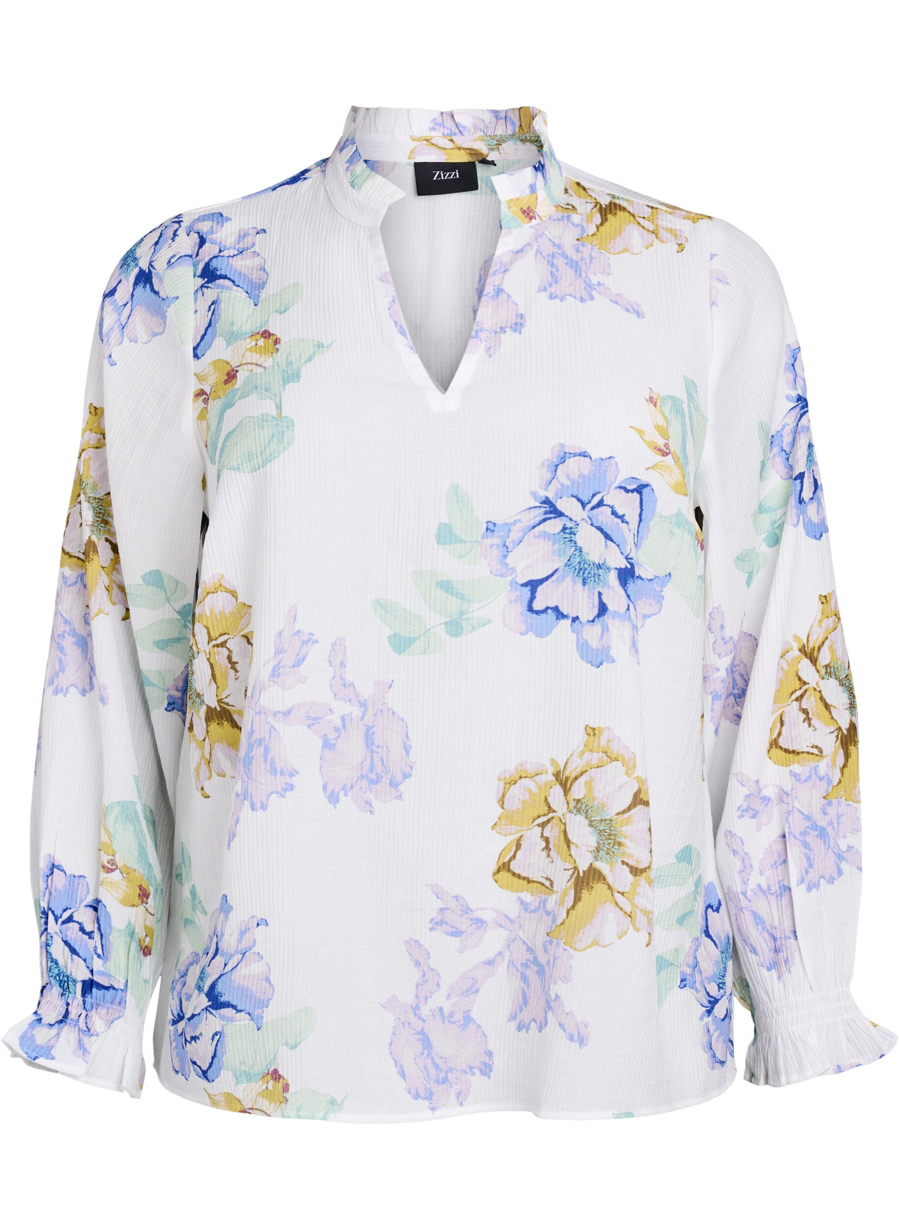 Pleated blouse with long sleeves and floral print