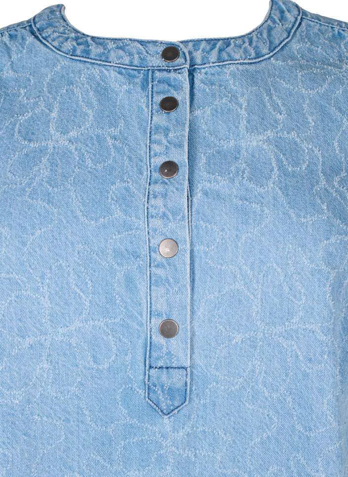 Short denim dress with an A-line cut and floral pattern, Light Blue, Packshot image number 2