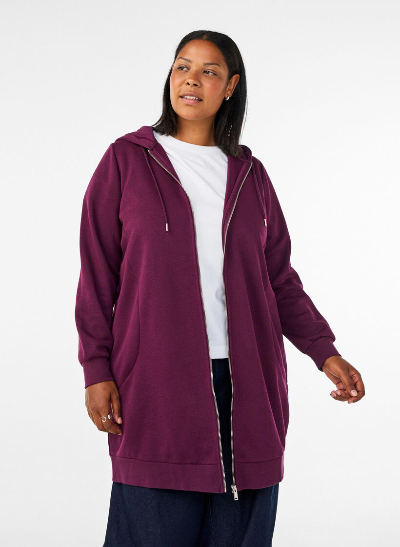 Long hoodie with zip and pockets, Purple, Model image number 0