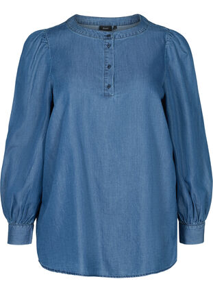 Blouse with long puff sleeves and buttons, Blue denim, Packshot image number 0