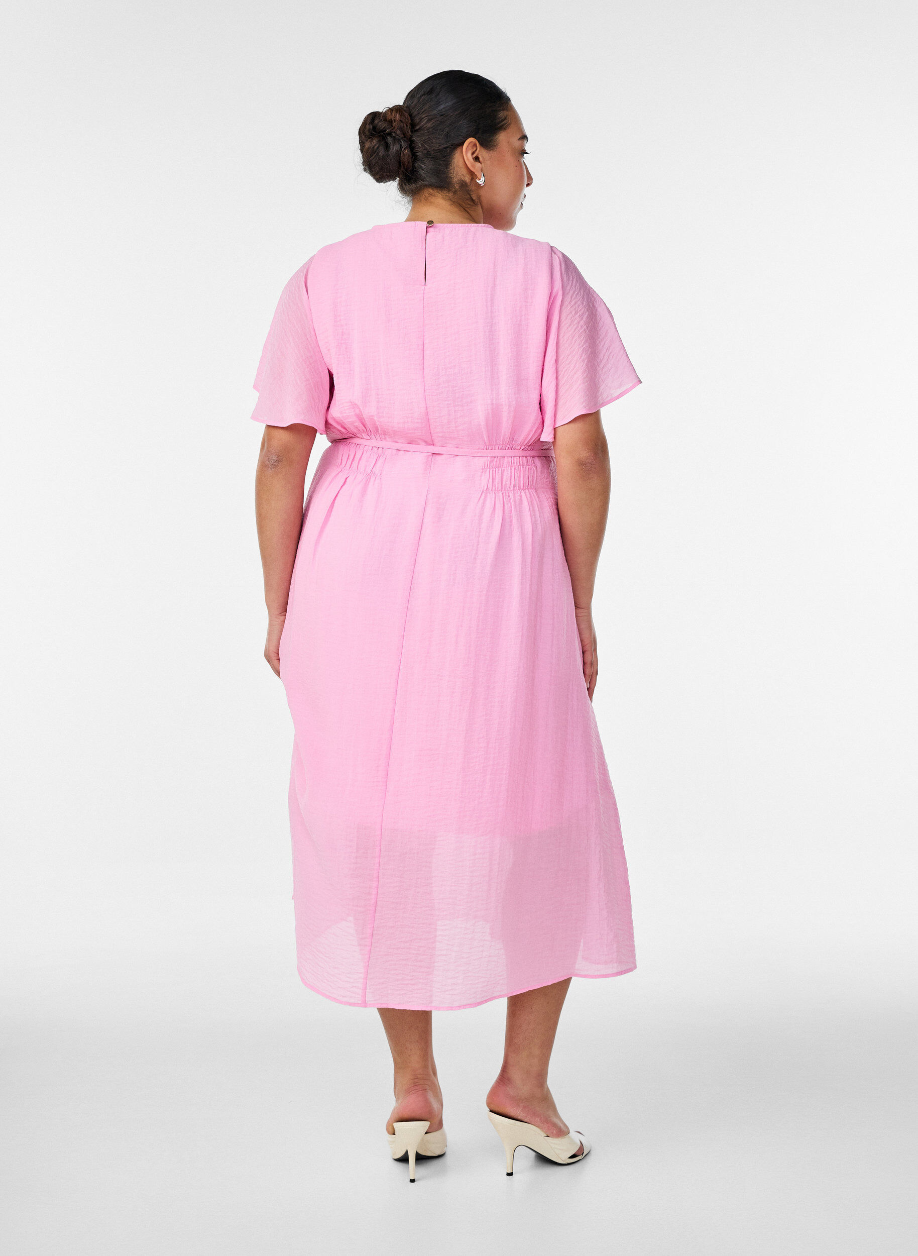 Zizzifashion Ankle-length dress with flutter sleeves and tie-waist, Pink, Model image number 1