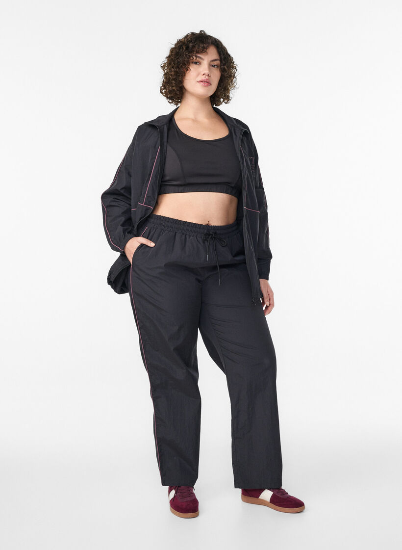 Lightweight trousers with contrast piping and high waist, Black, Model image number 0