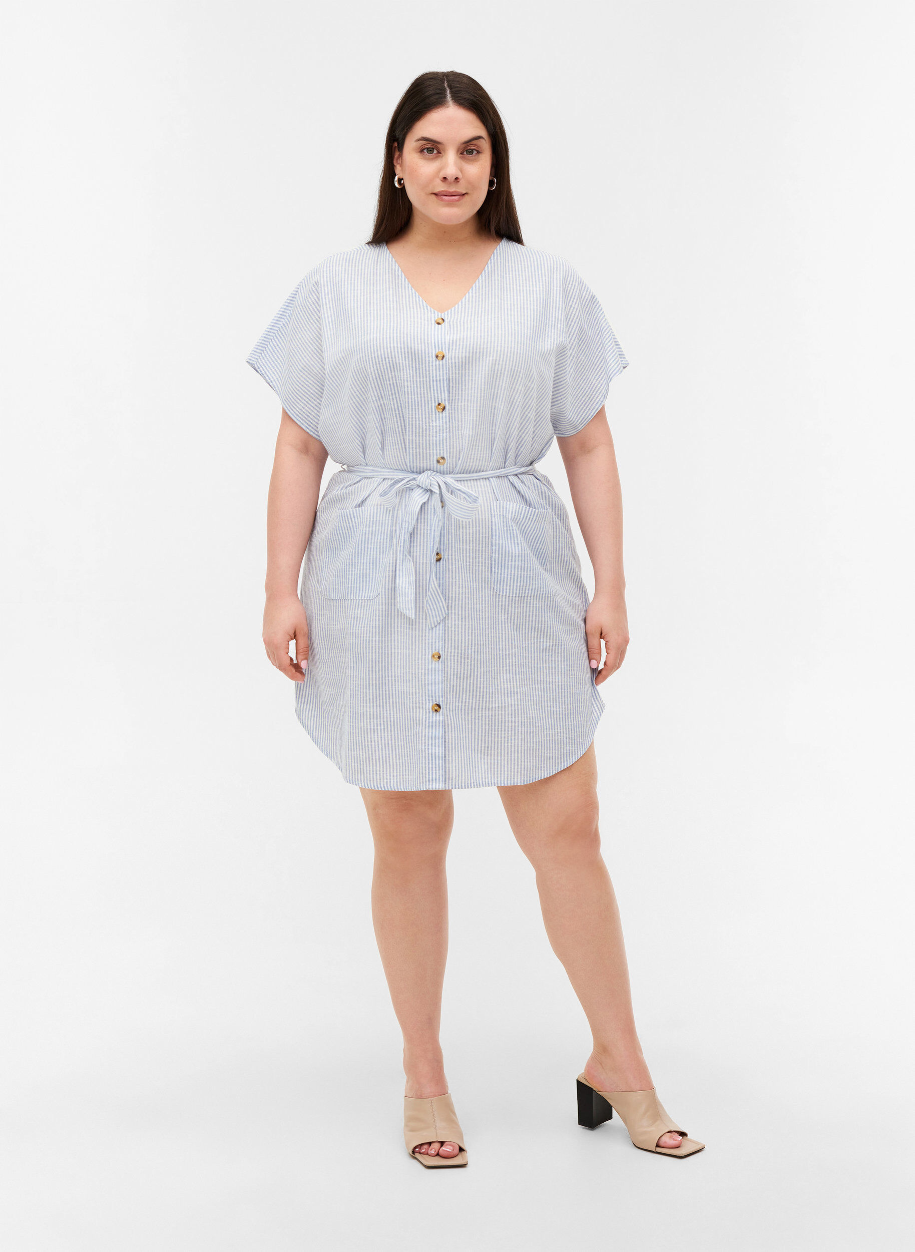 Zizzifashion Striped shirt dress in cotton with pockets, Country Blue Stripe, Model image number 2