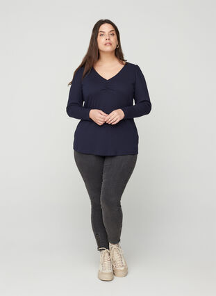 Long-sleeved ribbed blouse with a V-neck, Night Sky, Model image number 2