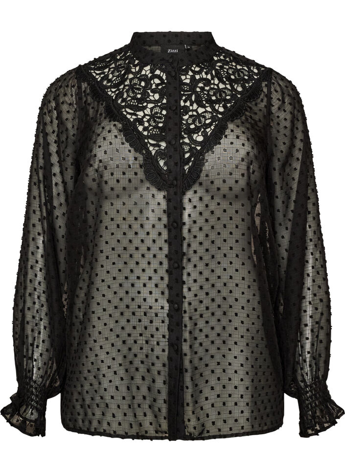 Shirt blouse with lace insert and dot pattern, Black, Packshot image number 0