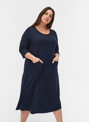 Midi dress in organic cotton with pockets, Navy Blazer, Model image number 0