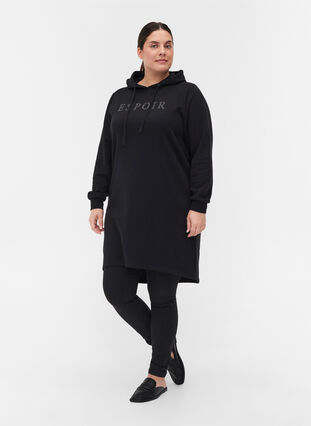 Hoodie sweater dress with slit, Black, Model image number 2