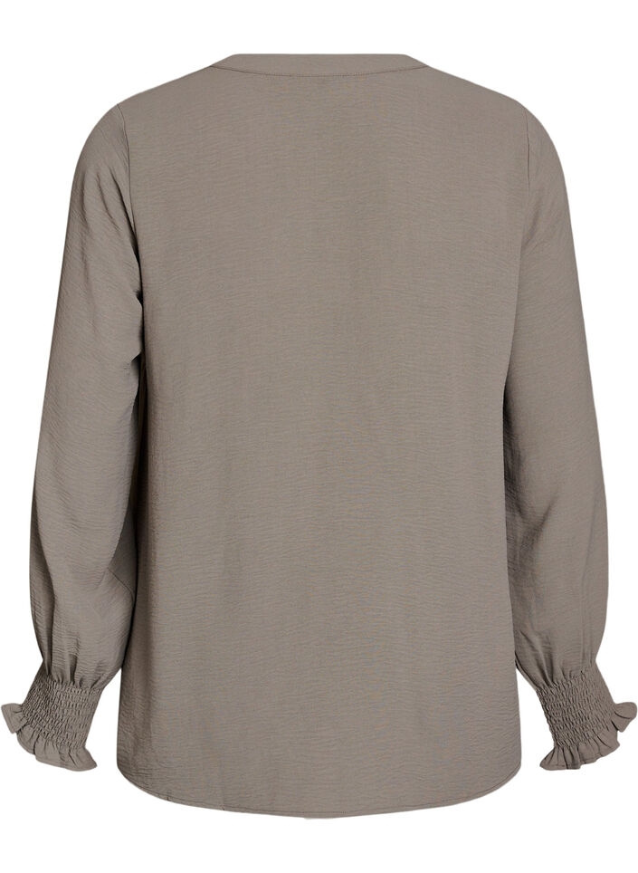 Blouse with smock cuffs and V-neck, Beige, Packshot image number 1