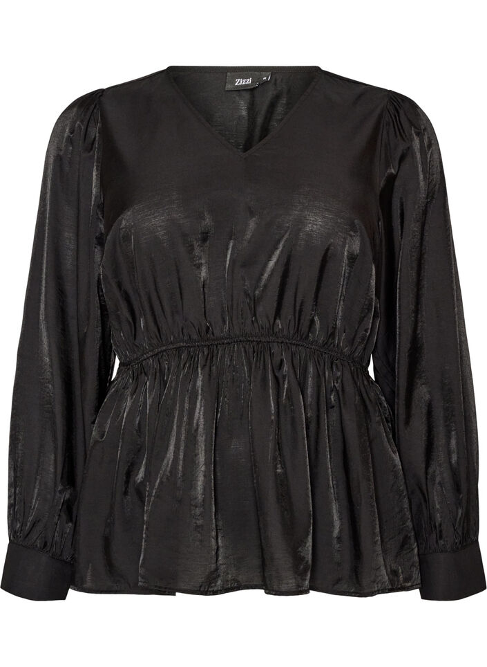Shiny viscose blouse with peplum effect, Black, Packshot image number 0