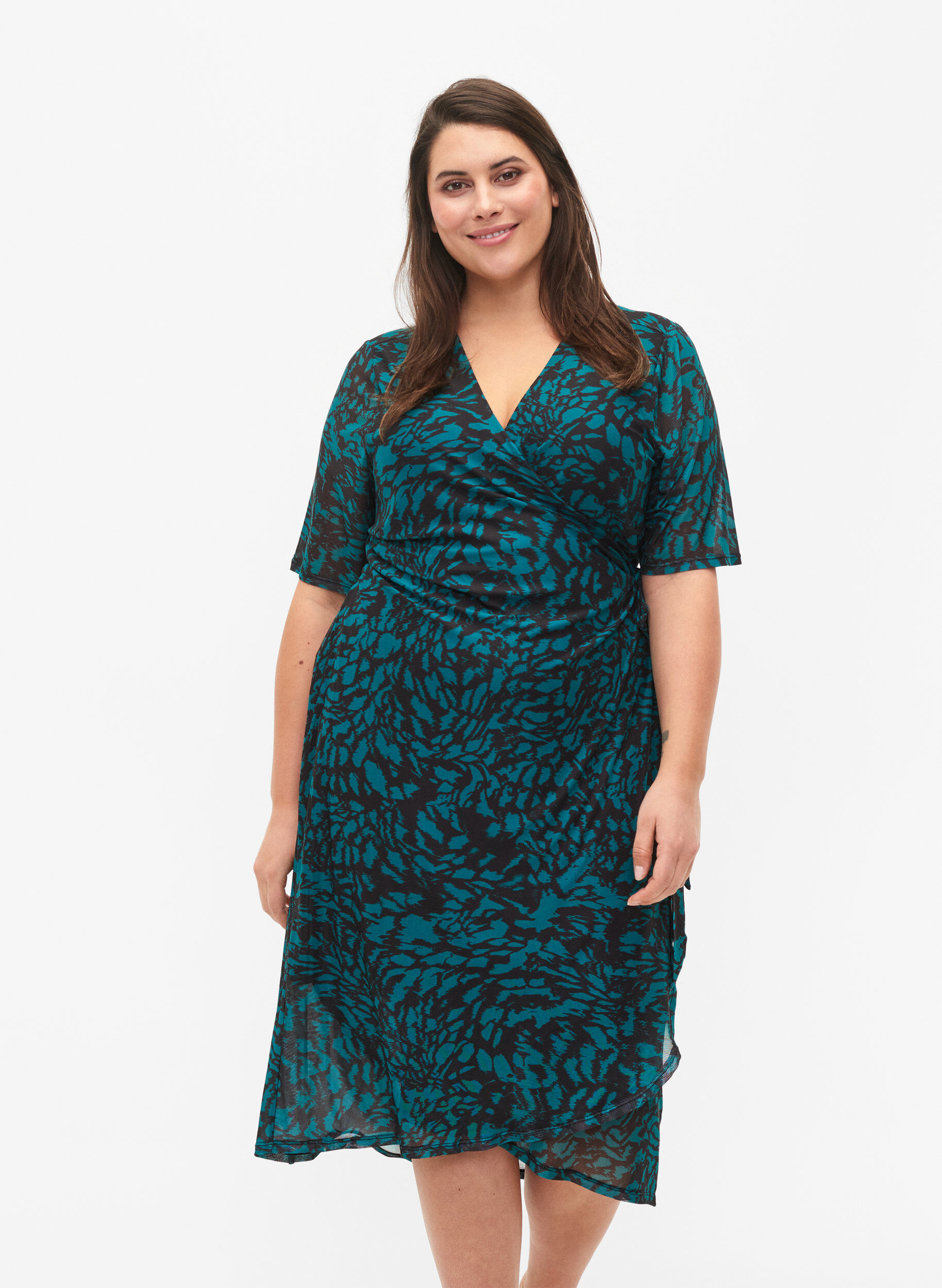 Zizzifashion Printed wrap midi dress, Black Green AOP, Model image number 0