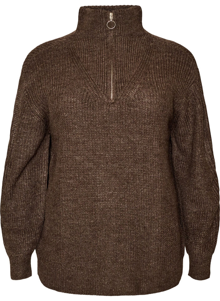 Knitted sweater with high neck and zipper, Brown, Packshot image number 0