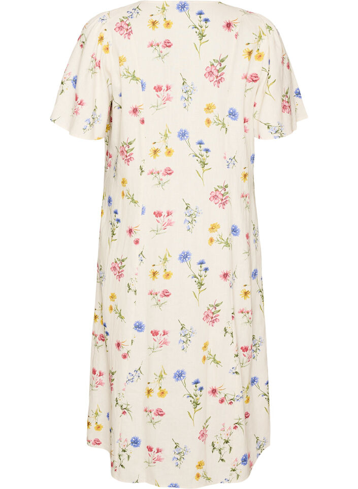 Midi dress in linen and viscose with ruffle sleeves, Beige, Packshot image number 1