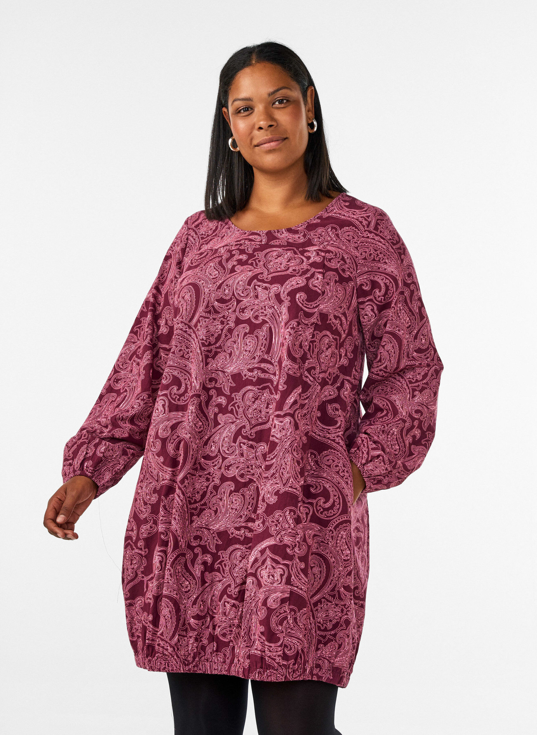 ZizzifashionShort cotton dress with an elasticated hem and long sleeves, Dark Bordeaux, Model image number 0
