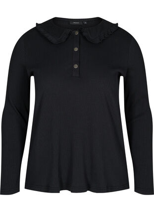 Long-sleeved ribbed blouse with ruffled collar, Black, Packshot image number 0
