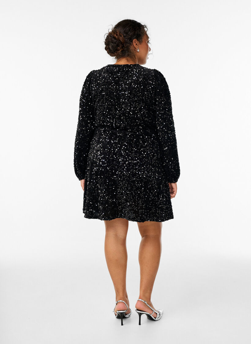 Short A-line sequin dress, Black, Model image number 2