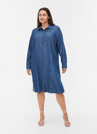 Cotton denim dress with buttons, Blue denim, Model image number 2