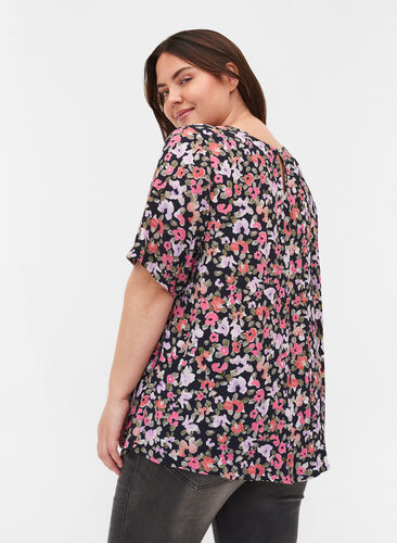 Short-sleeved viscose blouse with floral print, Flower AOP, Model image number 1