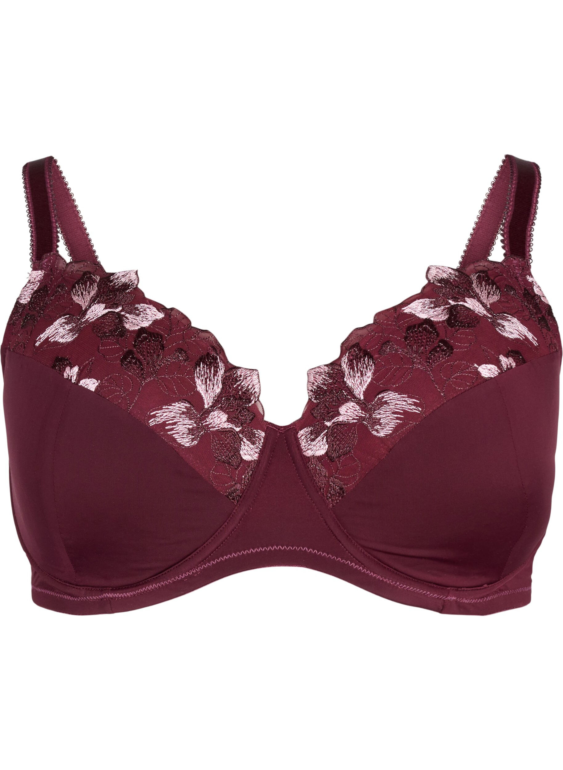 Zizzifashion Padded bra with floral embroidery, Dark Bordeaux, Packshot image number 0