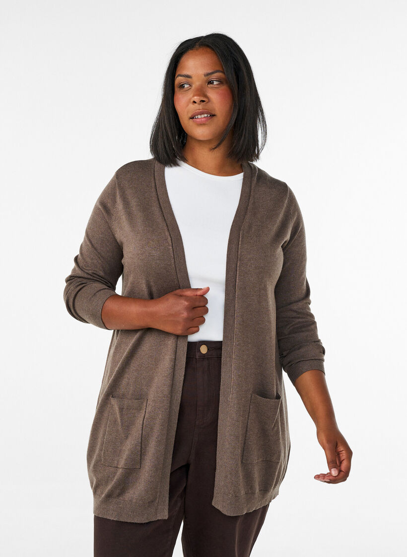 Long knitted cardigan in a viscose blend, Brown, Model image number 0