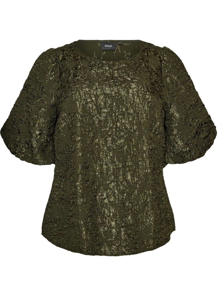 Jacquard blouse with puff sleeves and an A-line shape, Green, Packshot image number 0