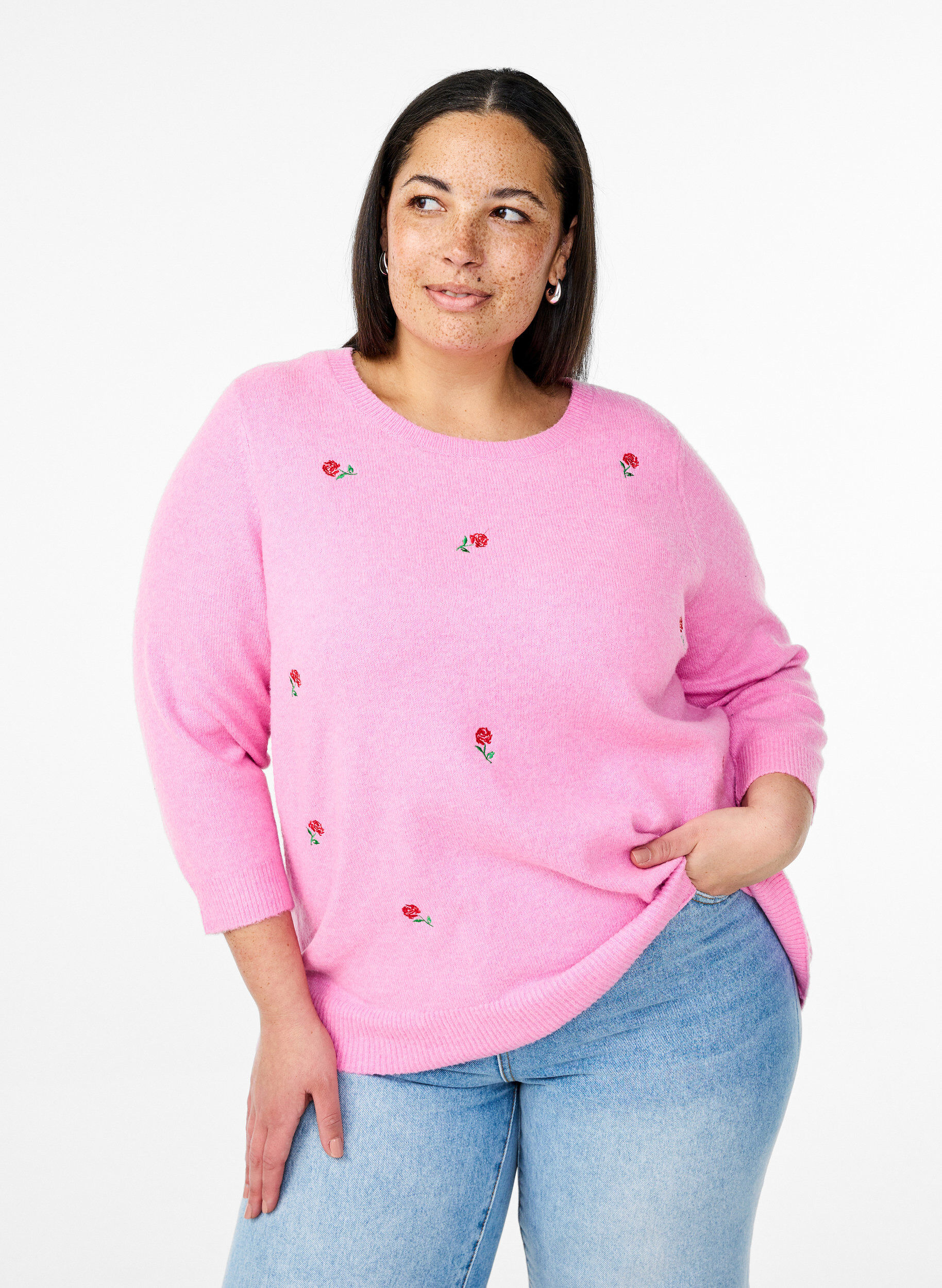 Zizzifashion Knitted blouse with flowers and 3/4 sleeves, Begonia Pink Mel., Model image number 0