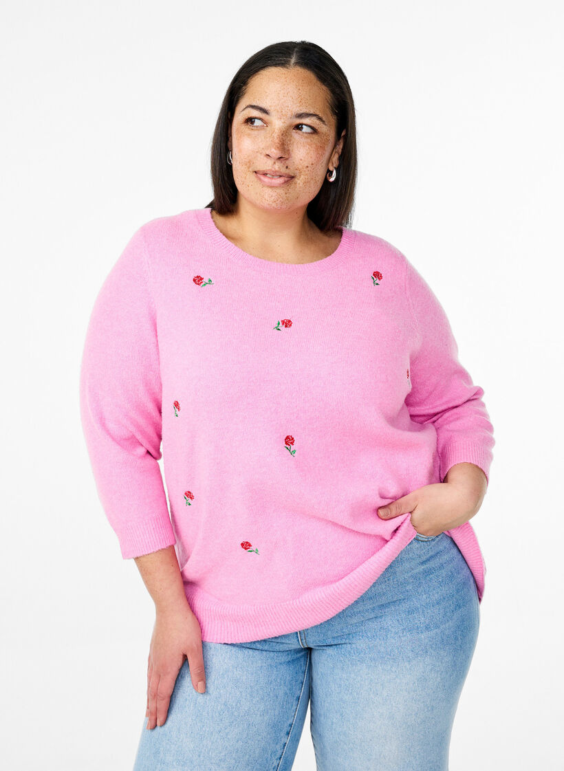 Knitted blouse with flowers and 3/4 sleeves, Begonia Pink Mel., Model image number 0