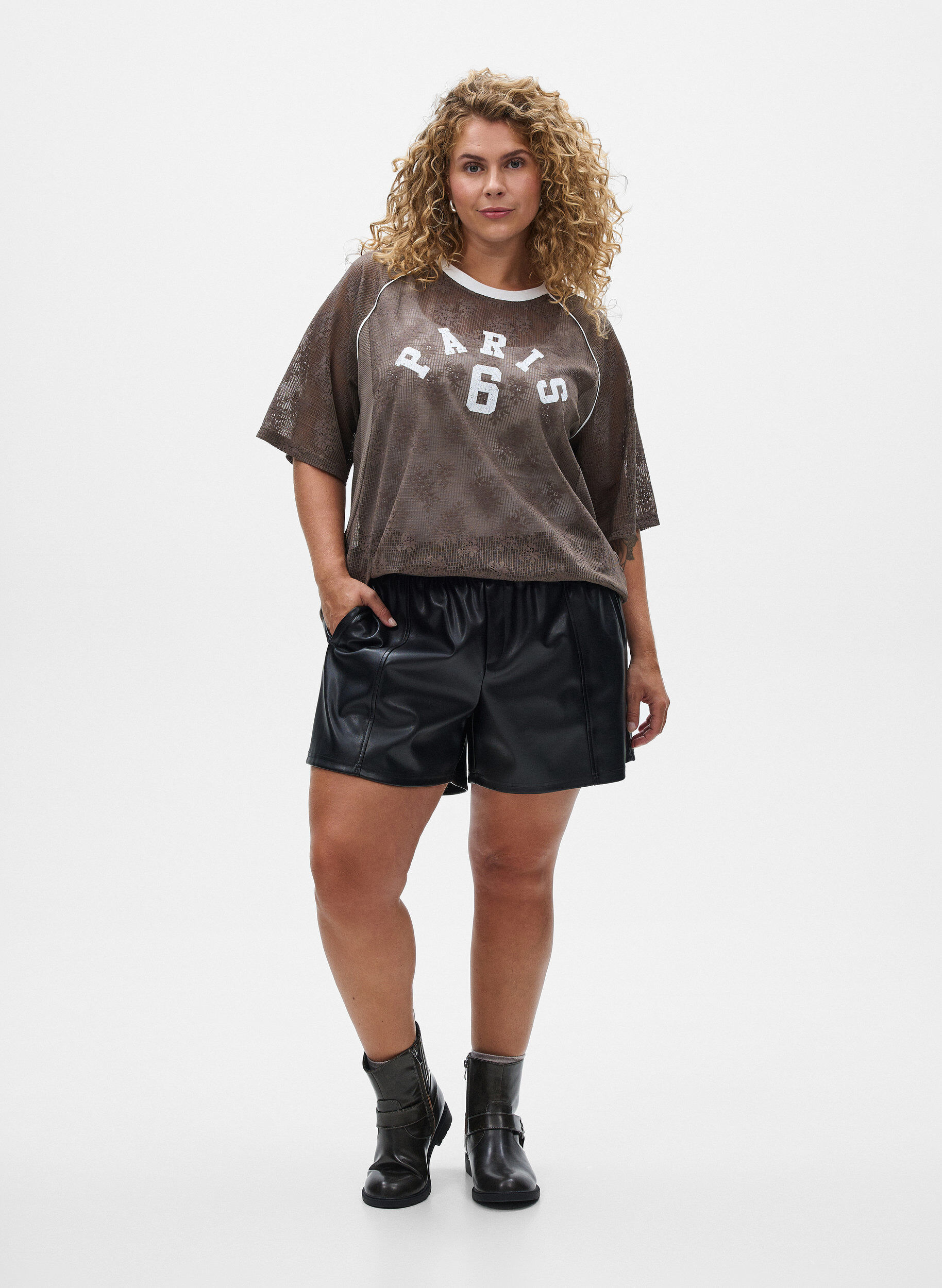 Zizzifashion Lace T-shirt with text print, Brown, Model image number 1