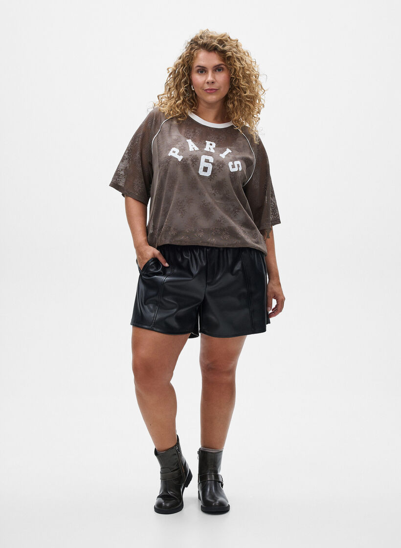 Lace T-shirt with text print, Brown, Model image number 1