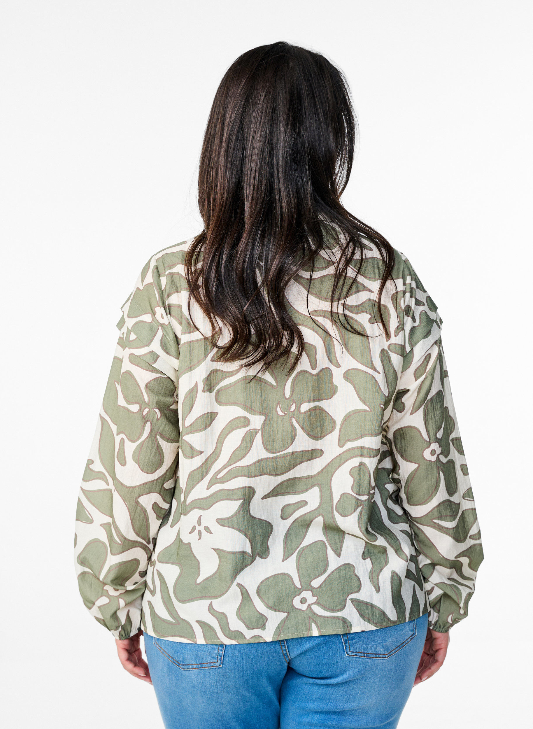 Zizzifashion Printed shirt blouse with ruffle details, Green, Model image number 2