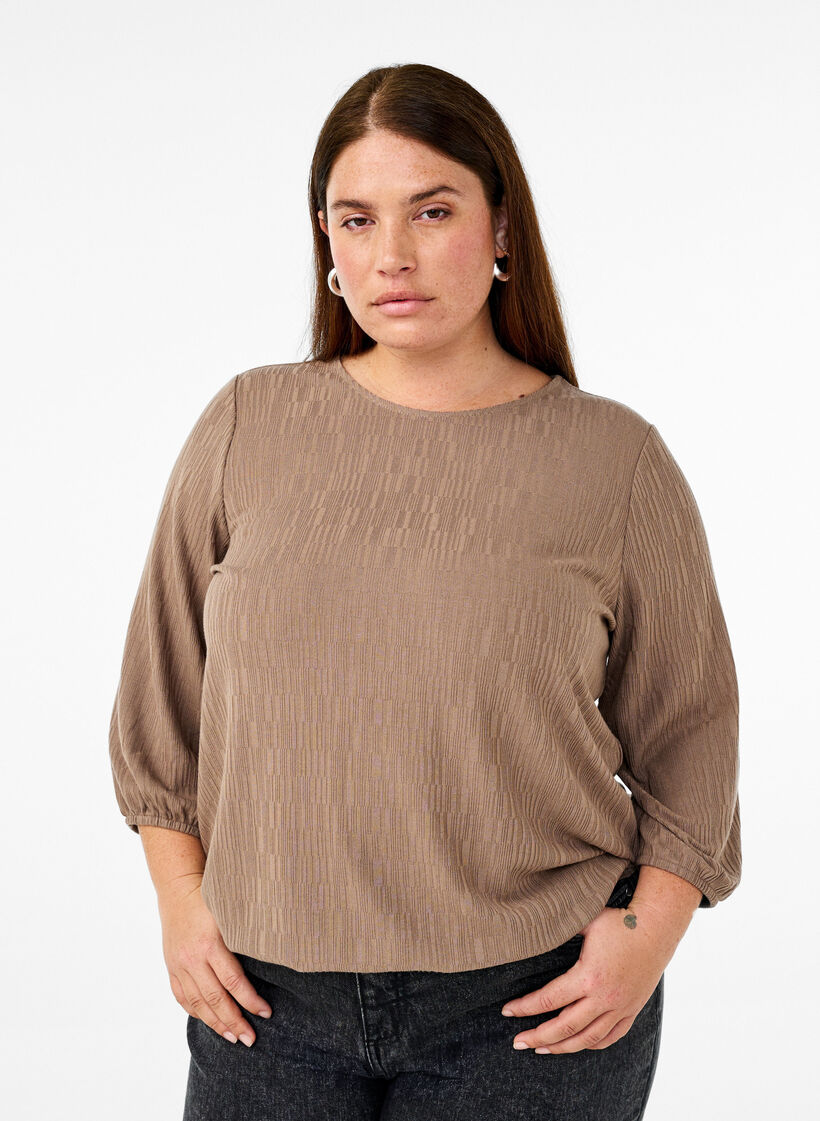 Blouse with texture and 3/4 sleeves, Brown, Model image number 0