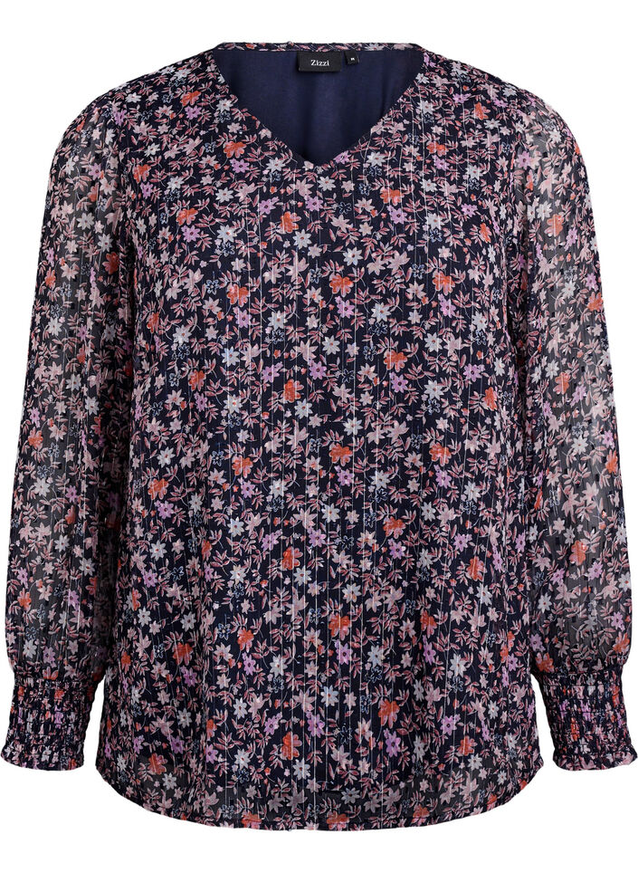 Blouse with floral print and glitter thread, Blue, Packshot image number 0