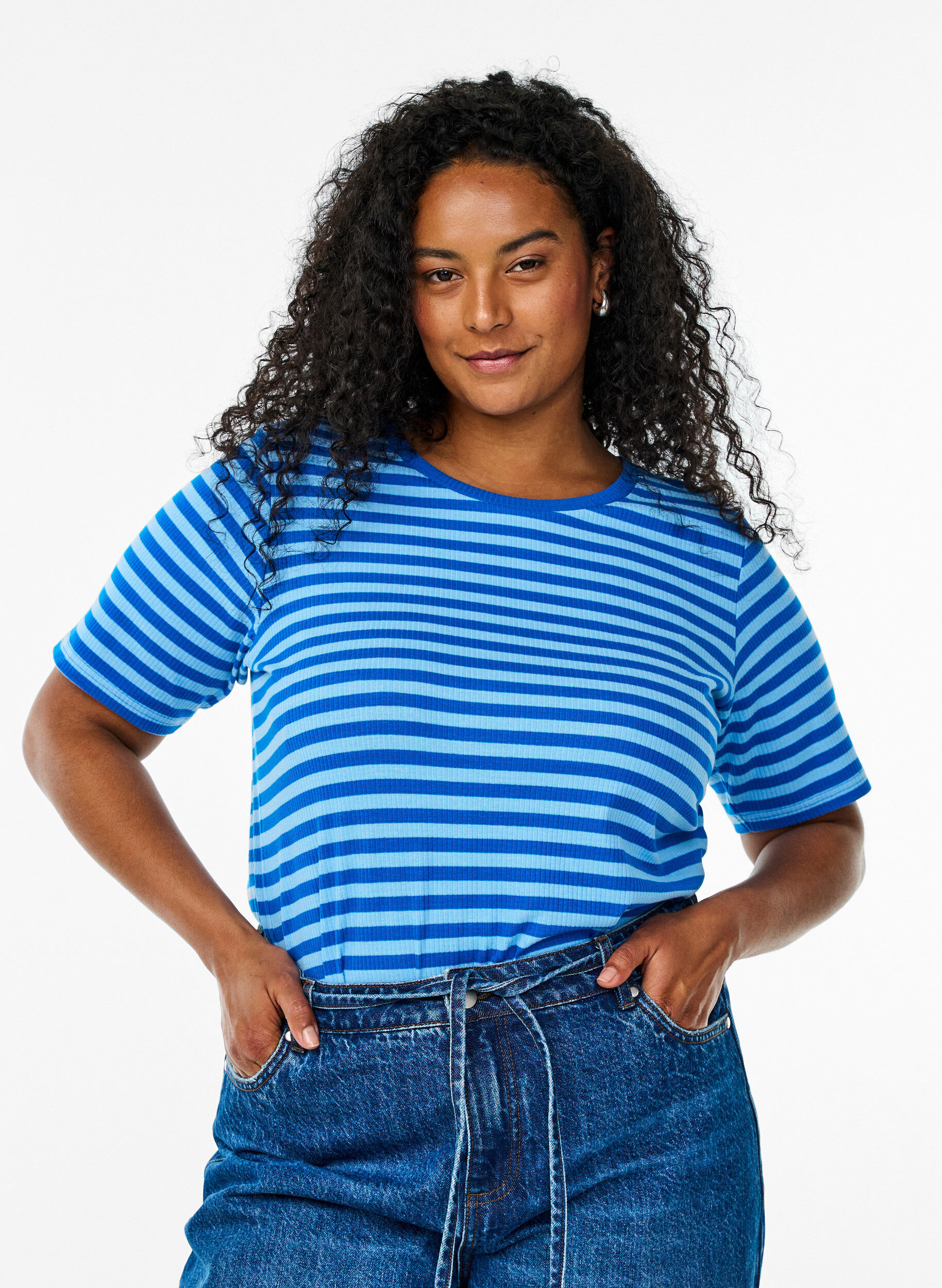 Zizzifashion Striped T-shirt with ribbed texture, Light Blue, Model image number 0
