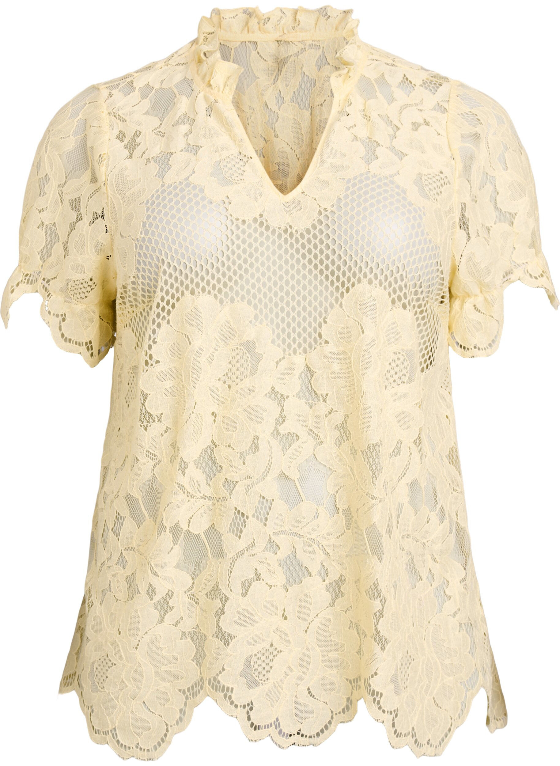 Zizzifashion Lace blouse with ruffle collar and short sleeves, Yellow, Packshot image number 0