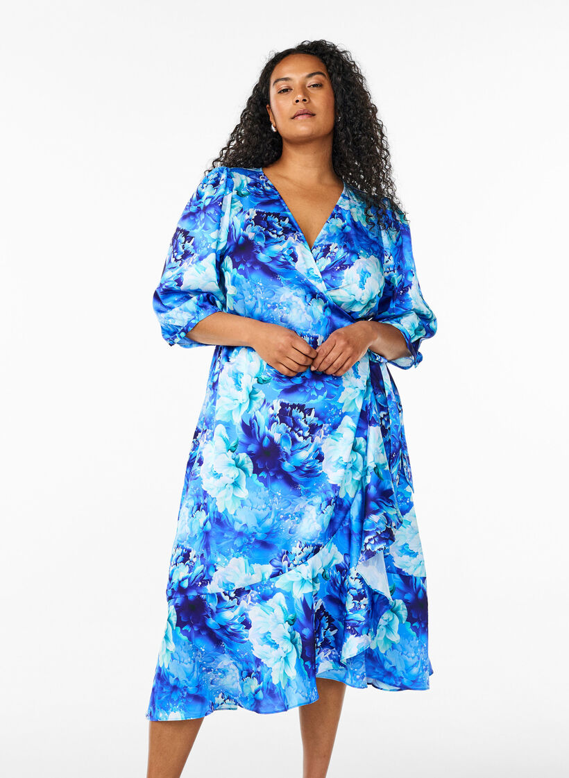 Floral wrap dress with 3/4 sleeves, Blue, Model image number 0