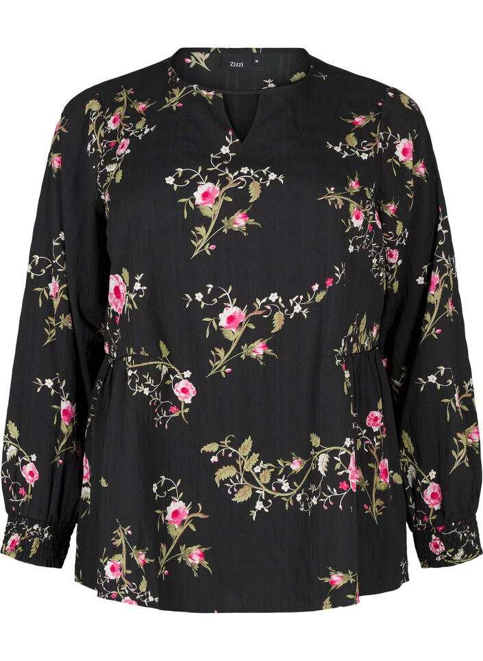 Long-sleeved blouse with floral print, Black, Packshot image number 0
