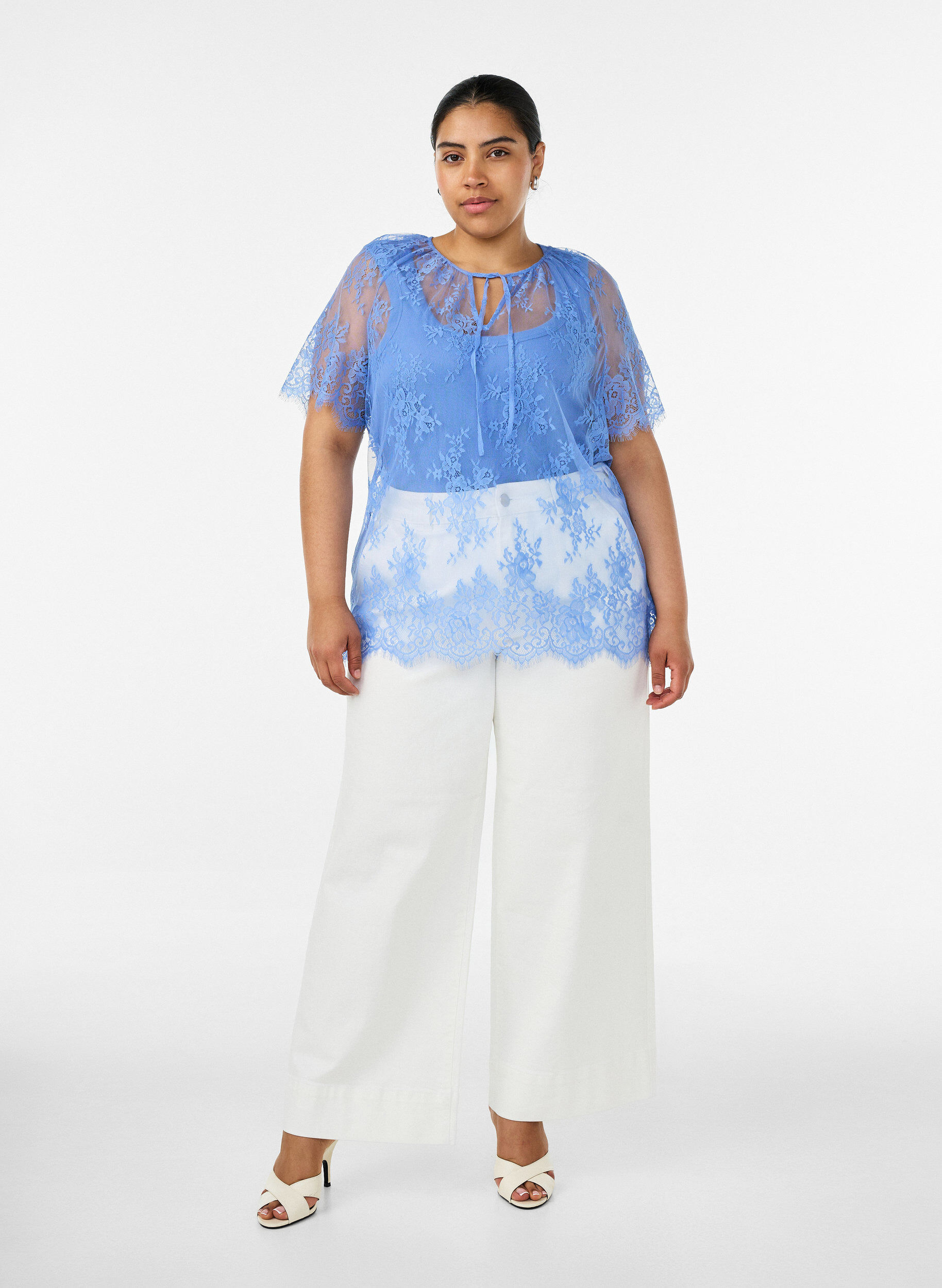Zizzifashion Short-sleeved lace blouse with tie-fastening, Purple, Model image number 1