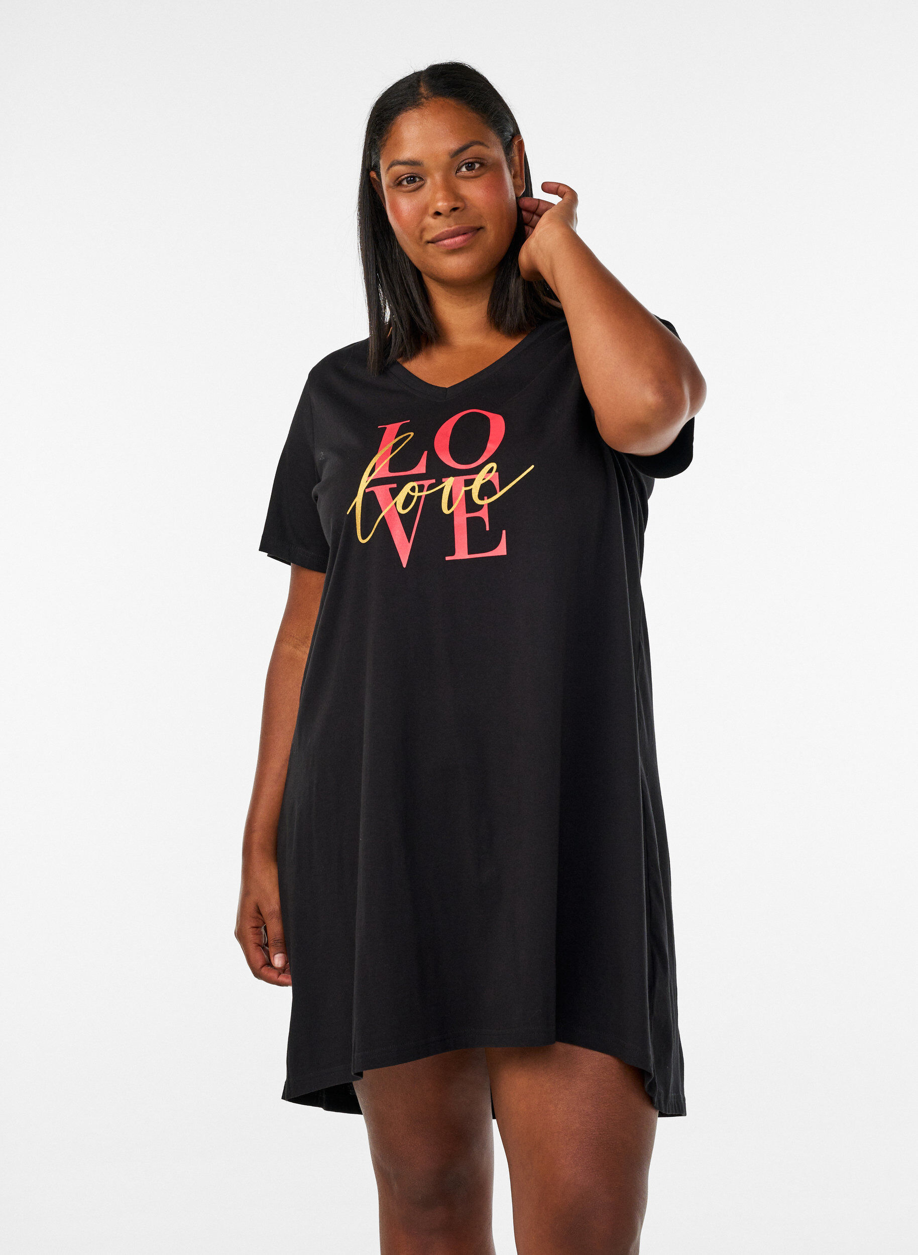 ZizzifashionOrganic cotton nightdress with V-neck, Black, Model image number 0