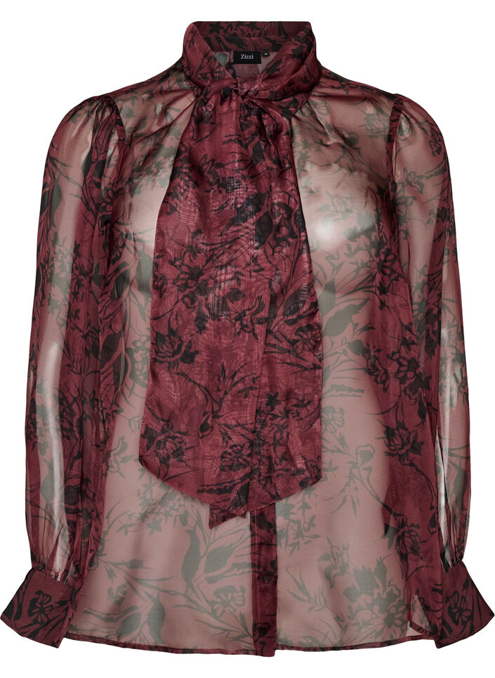 Sheer shirt blouse with floral pattern and tie detail, Dark Bordeaux, Packshot image number 0