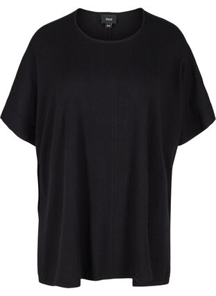 Short-sleeved knitted poncho with round neck, Black, Packshot image number 0