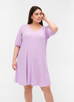 Dress with puff sleeves and V-neck, Purple Rose, Model image number 0
