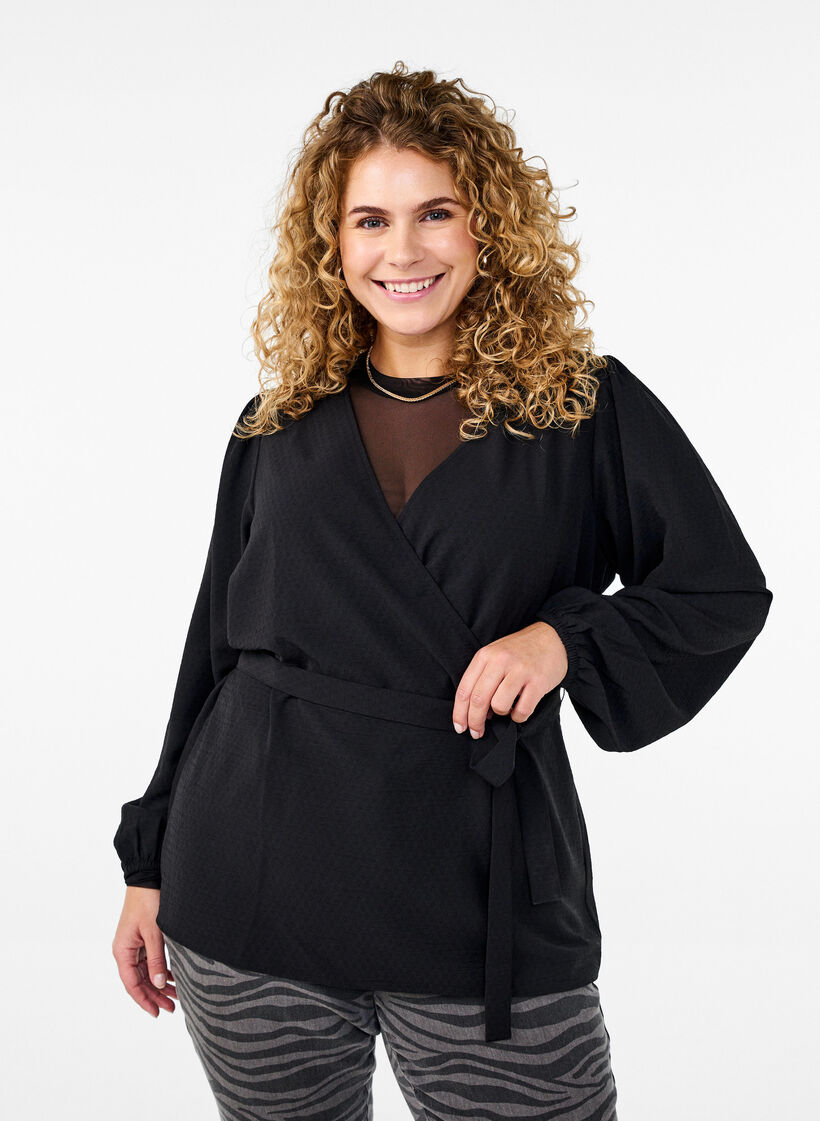 Long-sleeved wrap blouse with tie fastening, Black, Model image number 0