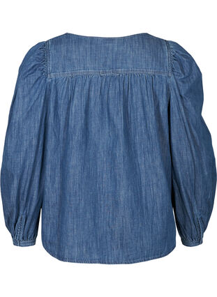 Denim blouse with long puff sleeves, Blue denim, Packshot image number 1